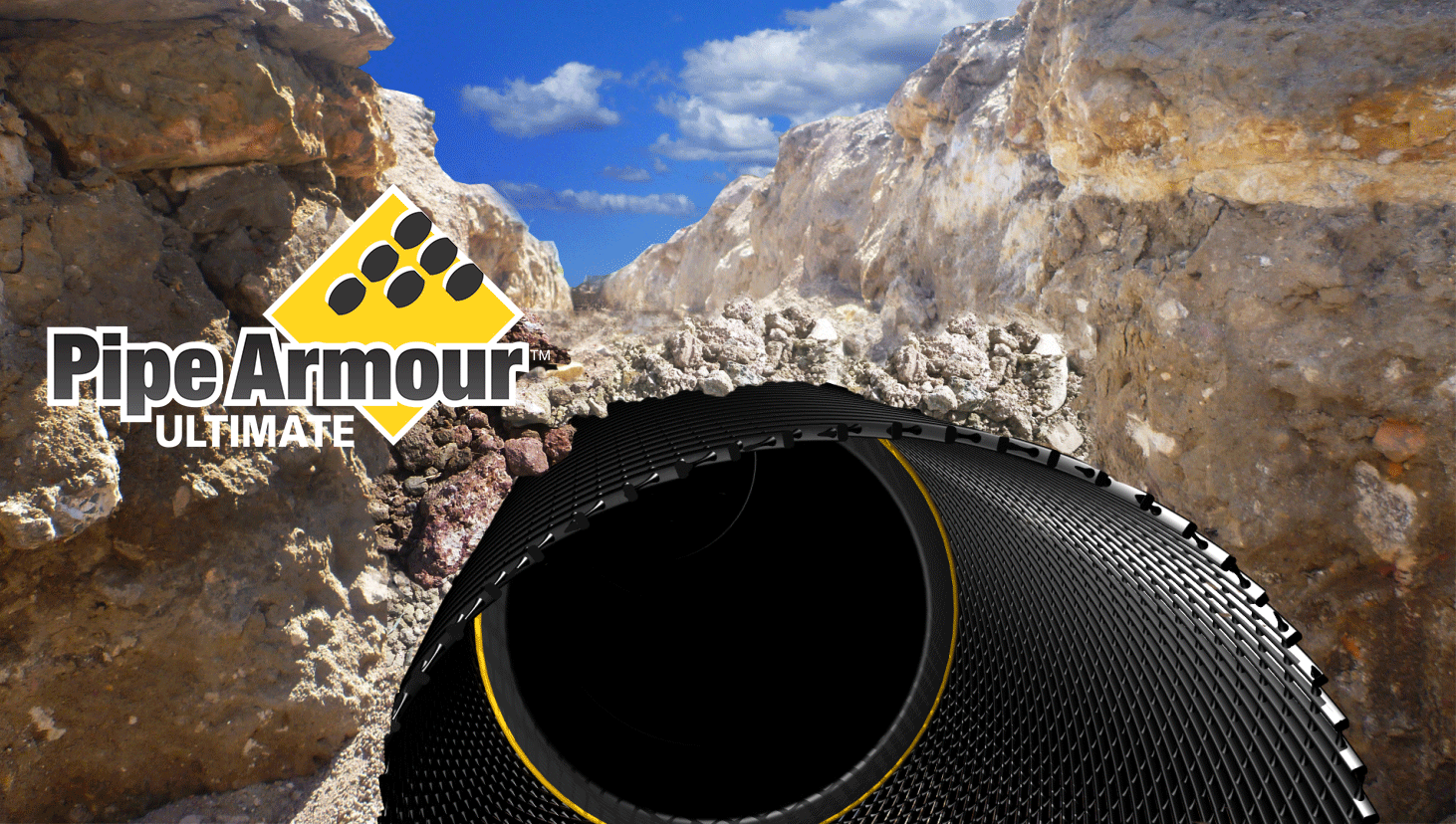 a black pipe with yellow stripe; pipe armour brand